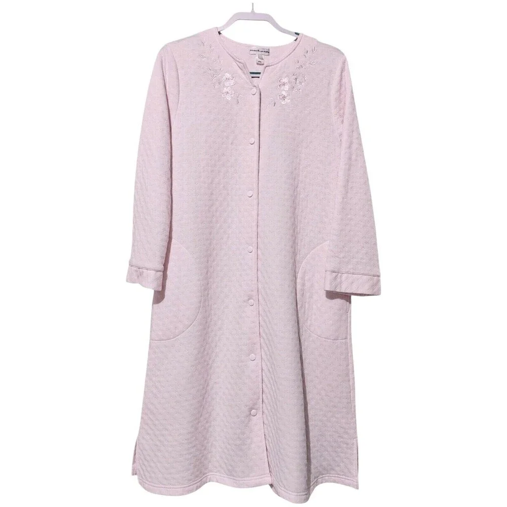 Miss Elaine Housecoat Floral Robe M Medium Pink Snap Muu Muu Warm Nightgown Long